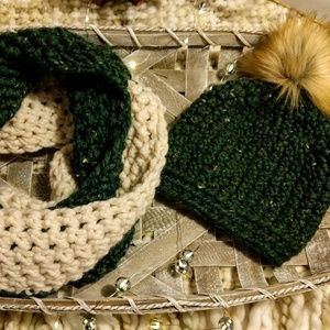 Green tweed and cream infinity scarf; Handmade